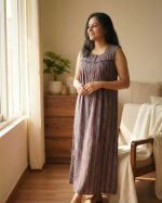 Front Open Cotton Sleeveless Nighty With Buttons, 55 Inches Long - Blue - Image 2