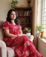 Traditional cotton nighty, 55 Inches Long -Red