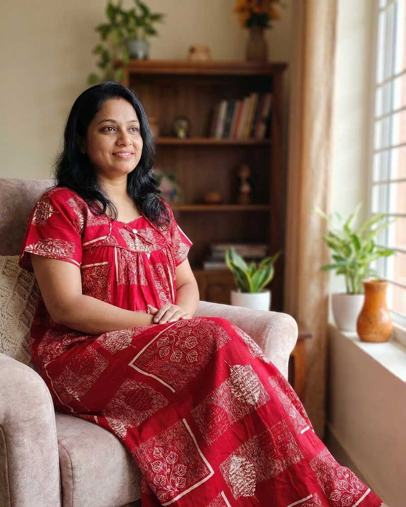 IMG_6933 Traditional cotton nighty, 55 Inches Long -Red - Image 1