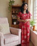 Traditional cotton nighty, 55 Inches Long -Red - Image 2