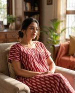 Front Open Cotton Nighty With Buttons, 55 Inches Long - Peach Red