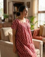 Front Open Cotton Nighty With Buttons, 55 Inches Long - Peach Red - Image 2