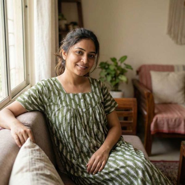 Front Open Cotton Nighty With Buttons, 55 Inches Long - Green