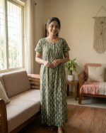 Front Open Cotton Nighty With Buttons, 55 Inches Long - Green - Image 2