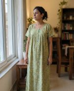 Front Open Cotton Nighty With Buttons, 55 Inches Long - Green - Image 2