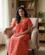 Front Open Cotton Nighty With Buttons, 55 Inches Long - Orange