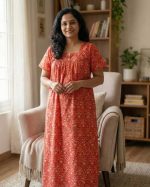 Front Open Cotton Nighty With Buttons, 55 Inches Long - Orange - Image 2