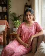 Front Open Cotton Nighty With Buttons, 55 Inches Long - Peach