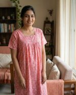 Front Open Cotton Nighty With Buttons, 55 Inches Long - Peach - Image 2