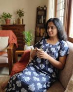 Front Open Cotton Nighty With Buttons, 55 Inches Long - Ash