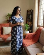 Front Open Cotton Nighty With Buttons, 55 Inches Long - Ash - Image 2