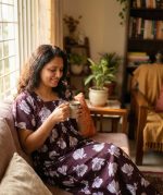 Front Open Cotton Nighty With Buttons, 55 Inches Long - Maroon