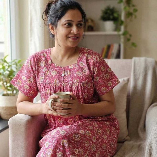 Traditional cotton nighty, 55 Inches Long - Rose