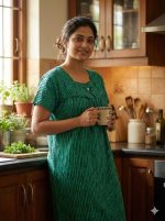 Traditional cotton nighty, 55 Inches Long - Green - Image 2