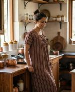 Traditional cotton nighty, 55 Inches Long -Maroon - Image 2