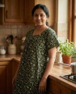 Front Open Cotton Nighty With Buttons, 55 Inches Long - Green - Image 2