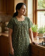 Front Open Cotton Nighty With Buttons, 55 Inches Long - Green