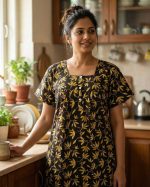 Front Open Cotton Nighty With Buttons, 55 Inches Long - Dark purple