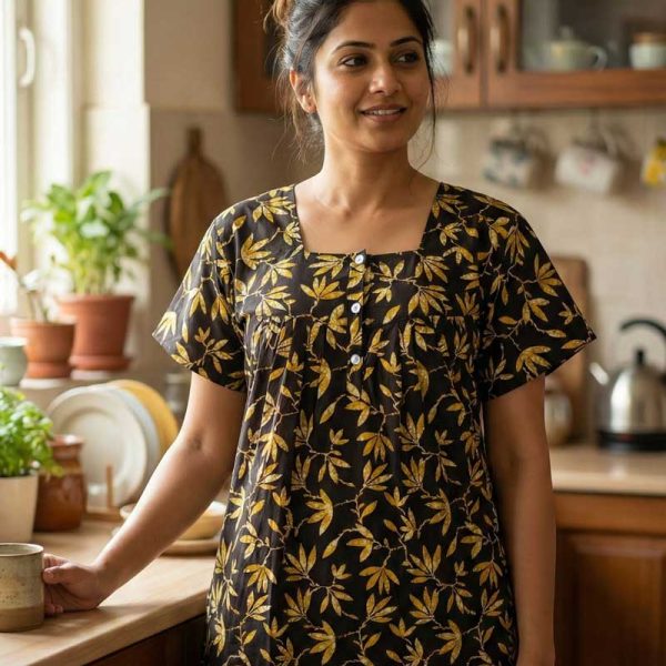 Front Open Cotton Nighty With Buttons, 55 Inches Long - Dark purple