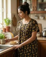 Front Open Cotton Nighty With Buttons, 55 Inches Long - Brown