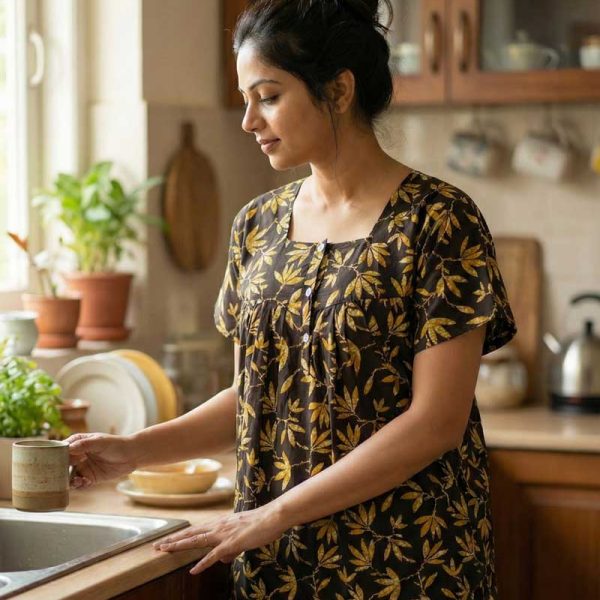 Front Open Cotton Nighty With Buttons, 55 Inches Long - Brown