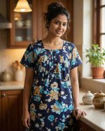 Front Open Cotton Nighty With Buttons, 55 Inches Long - Blue Flowers - Image 2