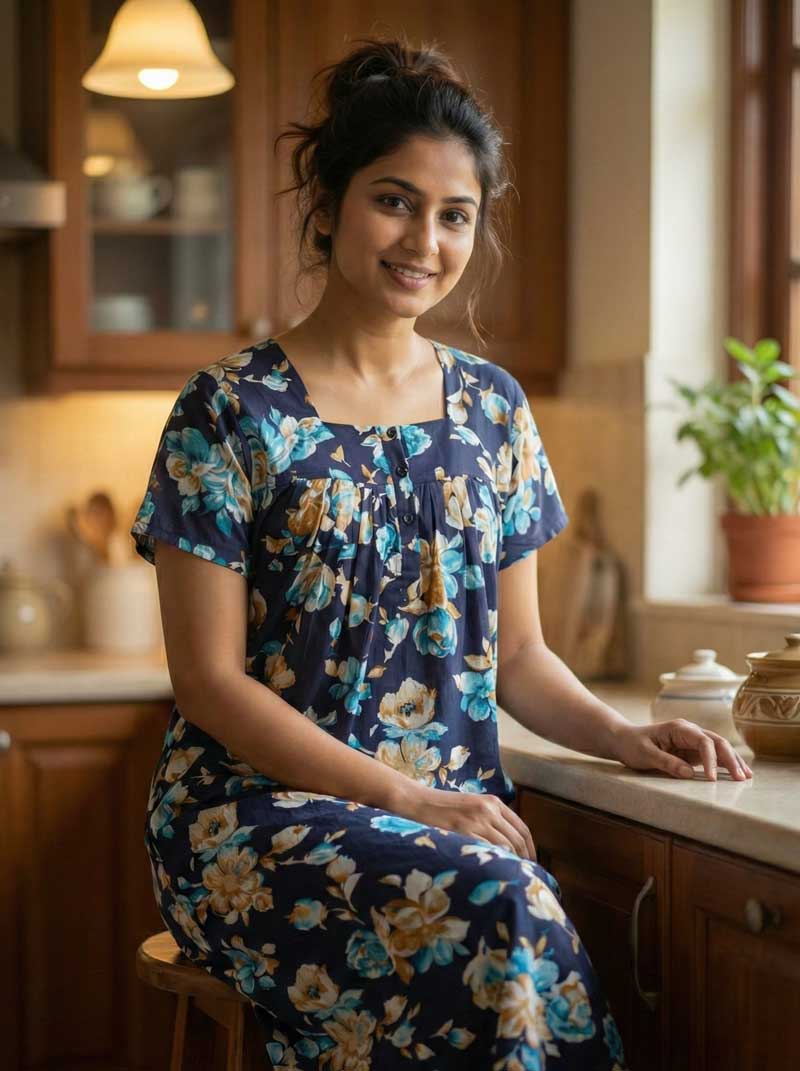 IMG_7046 Front Open Cotton Nighty With Buttons, 55 Inches Long - Blue Flowers - Image 1