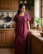 Traditional cotton nighty, 55 Inches Long - Magenta - Image 2