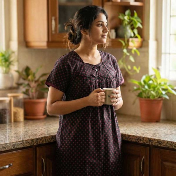 Traditional cotton nighty, 55 Inches Long - Black