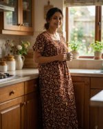 Front Open Cotton Nighty With Buttons, 55 Inches Long - Brown