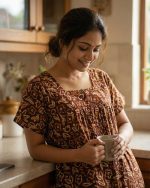 Front Open Cotton Nighty With Buttons, 55 Inches Long - Brown - Image 2