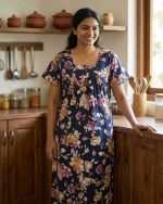 Front Open Cotton Nighty With Buttons, 55 Inches Long - Pink Flowers - Image 2