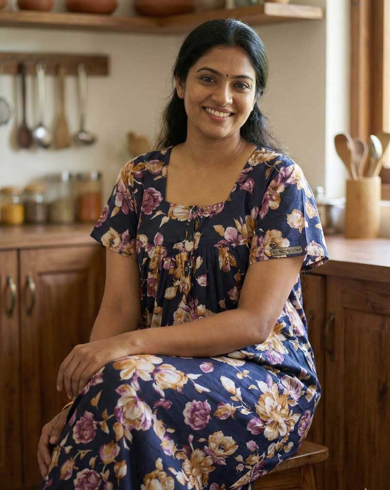 IMG_7060 Front Open Cotton Nighty With Buttons, 55 Inches Long - Pink Flowers - Image 1