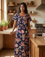 Front Open Cotton Nighty With Buttons, 55 Inches Long - Peach Flowers - Image 2