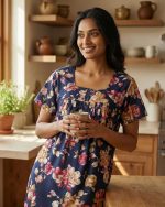 Front Open Cotton Nighty With Buttons, 55 Inches Long - Peach Flowers