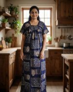 Traditional cotton nighty, 55 Inches Long - Dark Blue - Image 2