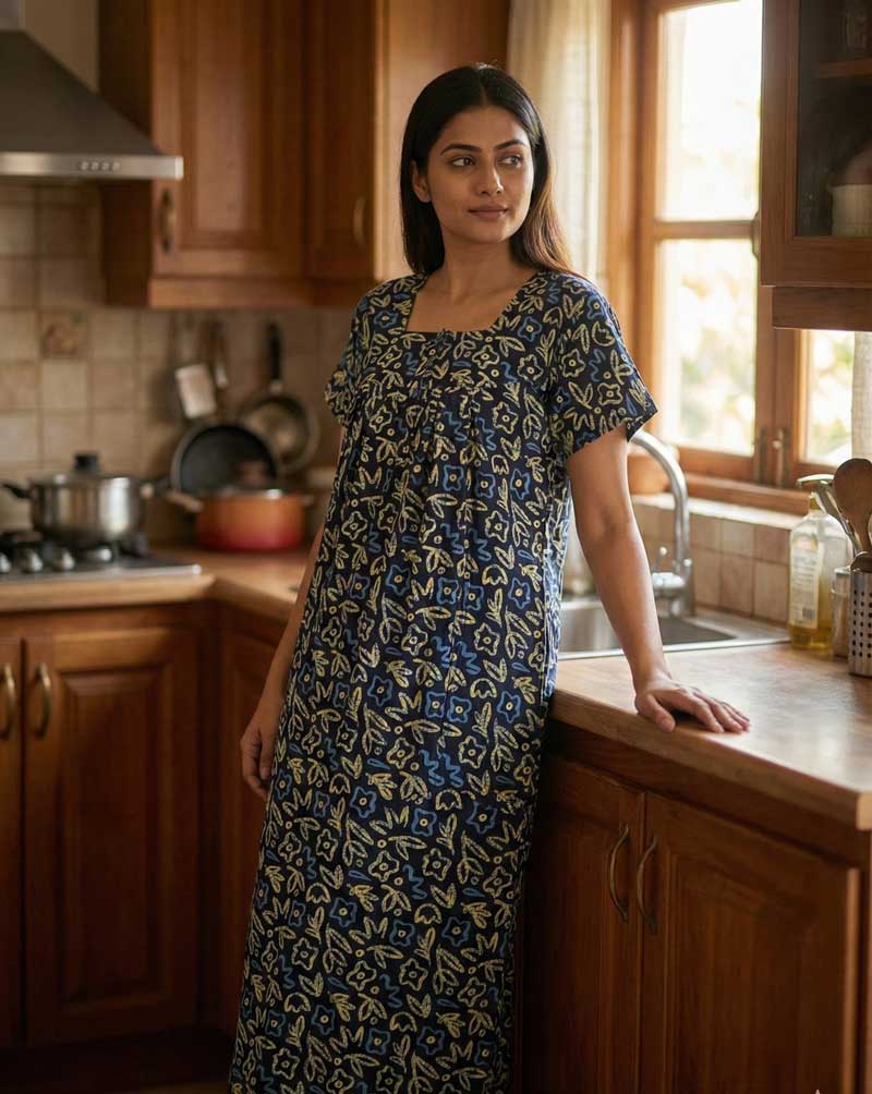 IMG_7074 Front Open Cotton Nighty With Buttons, 55 Inches Long - Blue - Image 1