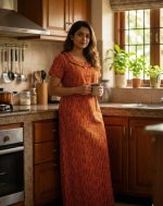 Comfortable Churidar Model Cotton Nighty - 55 Inches Long - Orange - Image 2