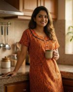 Comfortable Churidar Model Cotton Nighty - 55 Inches Long - Orange