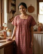 Comfortable Front Open Cotton Nighty With Buttons- 57 inches long - Red