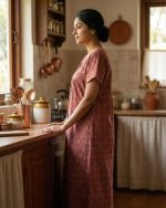 Comfortable Front Open Cotton Nighty With Buttons- 57 inches long - Red - Image 2