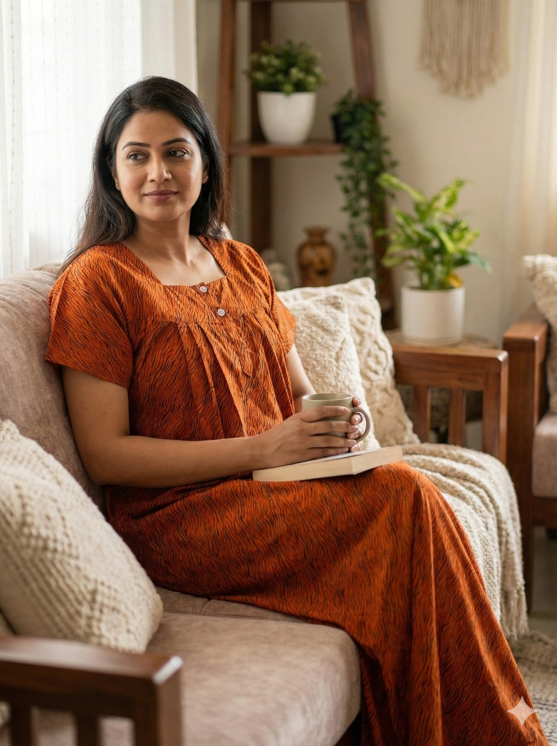 IMG_7162 Front Open Cotton Nighty With Buttons, 55 Inches Long - Orange - Image 1