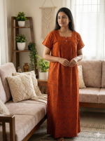 Front Open Cotton Nighty With Buttons, 55 Inches Long - Orange - Image 2