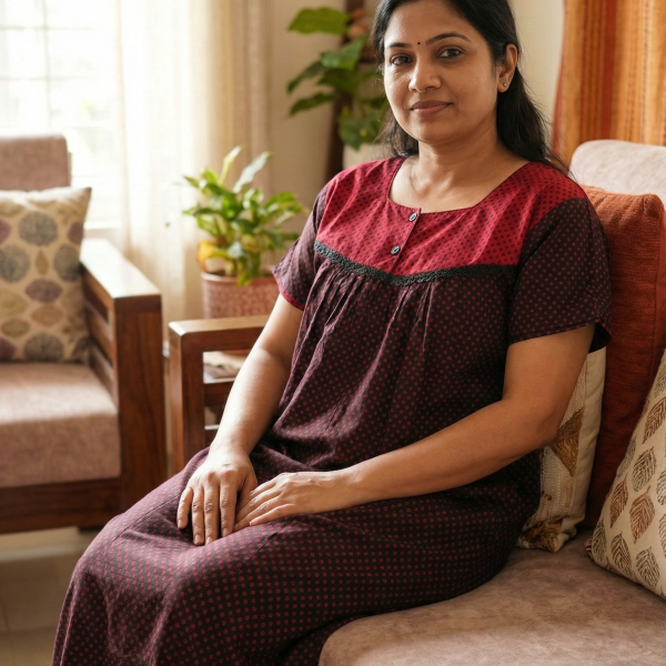 Front Open Cotton Nighty With Buttons, 55 Inches Long - Black