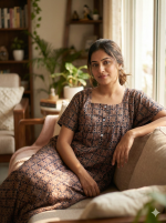 Comfortable Front Open Cotton Nighty With Buttons- 57 inches long - Blue