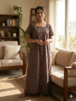 Comfortable Front Open Cotton Nighty With Buttons- 57 inches long - Blue - Image 2