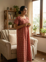 Comfortable Front Open Cotton Nighty With Buttons- 57 inches long - Red - Image 2