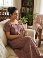 Front Open Cotton Nighty With Buttons, 57 Inches Long - Maroon+Green