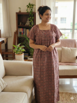 Front Open Cotton Nighty With Buttons, 57 Inches Long - Maroon+Green - Image 2