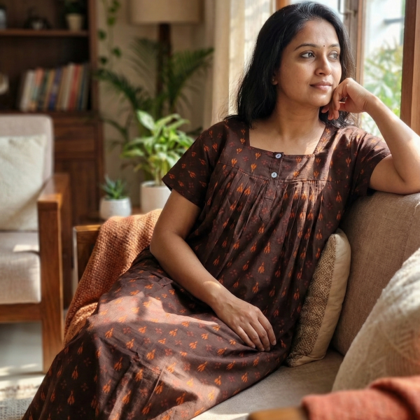 Front Open Cotton Nighty With Buttons, 55 Inches Long - Brown